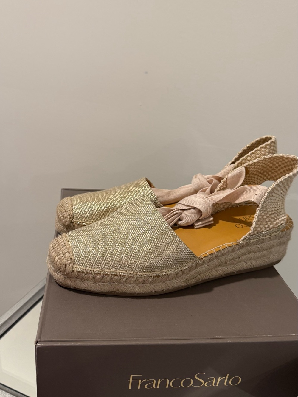 Franco Sarto Gold Espadrille Wedge with Tie Ankle